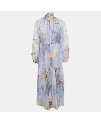 Women's Purple Floral Print Crepe Self Tie Stand Collar Dress