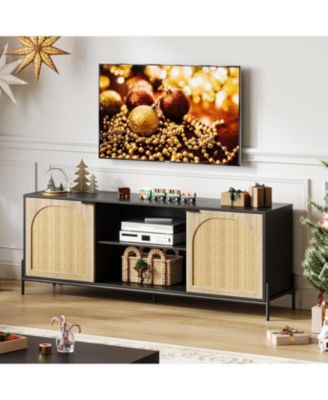 TV Stands for Living Room, Tv Stand for 75 inch TV with Adjustable Shelf & Rattan Door