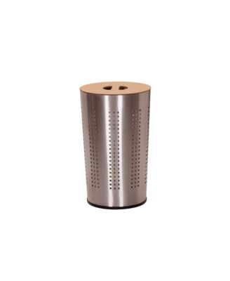Round Metal Hamper with Engineered Wooden Lid, Stainless Steel