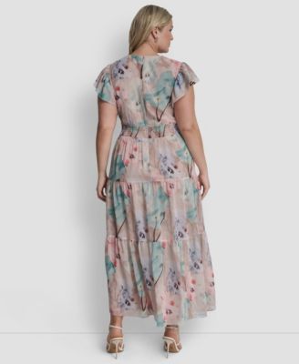 Plus Size Ruffle Short-Sleeve V-Neck Tie Waist Maxi Dress