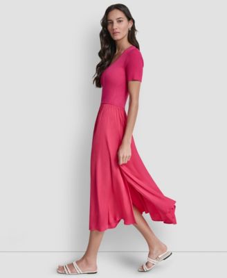 Women's Short-Sleeve Mixed Media Midi Sweater Dress