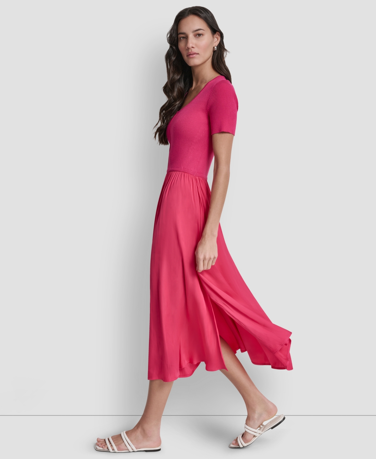 Dkny Women's Short-Sleeve Mixed Media Midi Sweater Dress