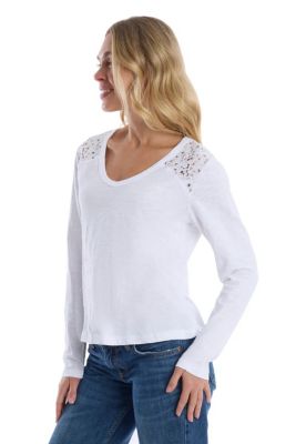 Women's V-Neck Long Sleeve Mixed Media Tee