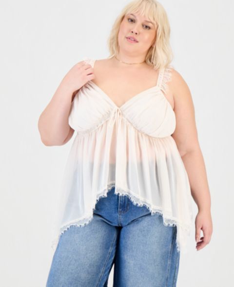 Женский топ And Now This Trendy Plus Size Lace-Trim High-Low Top, цвет: Слоновая кость
