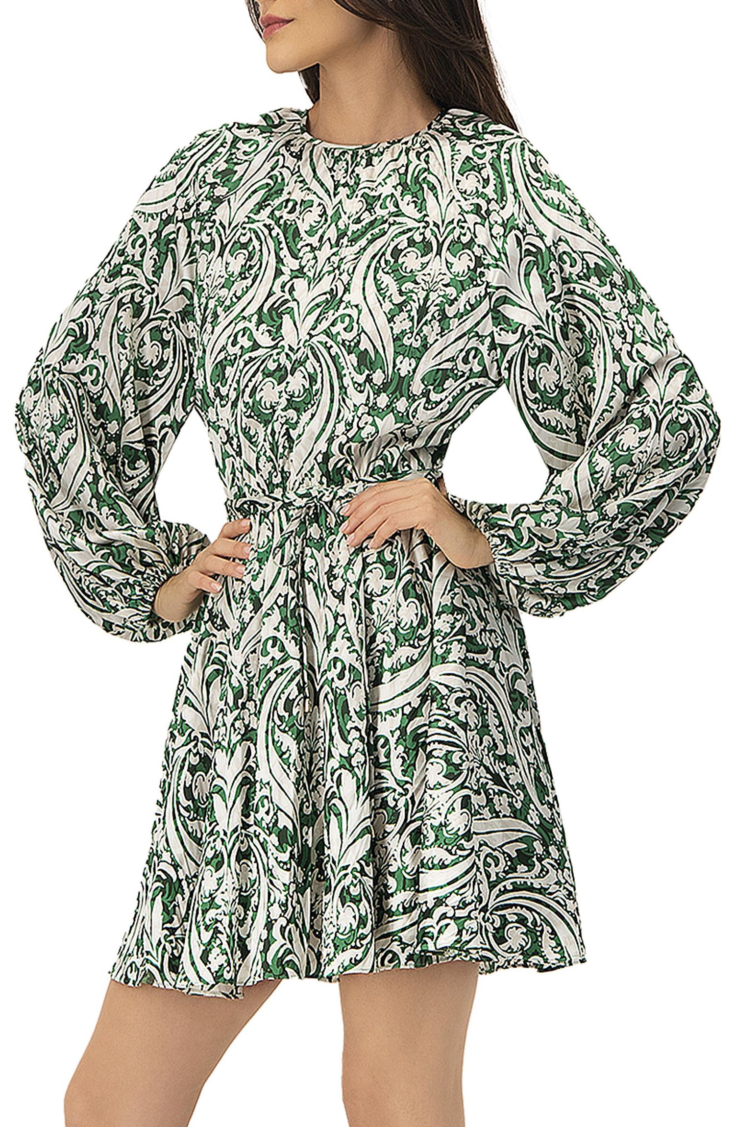 Women's Baroque Print Mini Dress with Belted Waist