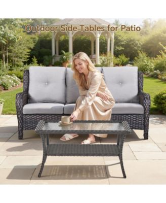 ArcLine Rectangle Wicker Outdoor Coffee Table with Tempered Glass Top and Storage Space