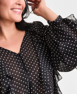 Plus Size Printed V-Neck Ruffled Blouse
