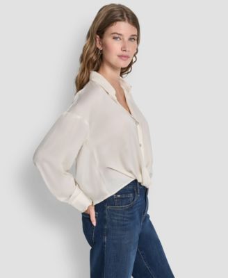 Women's Long-Sleeve Rhinestone Button-Front Shirt With Twist Hem