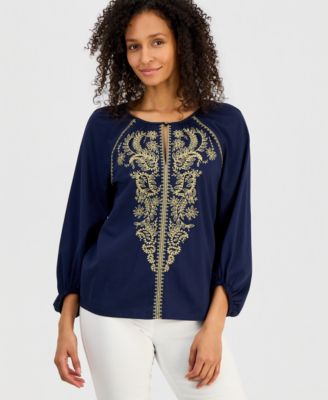 Women's Cotton Embroidered 3/4-Sleeve Top