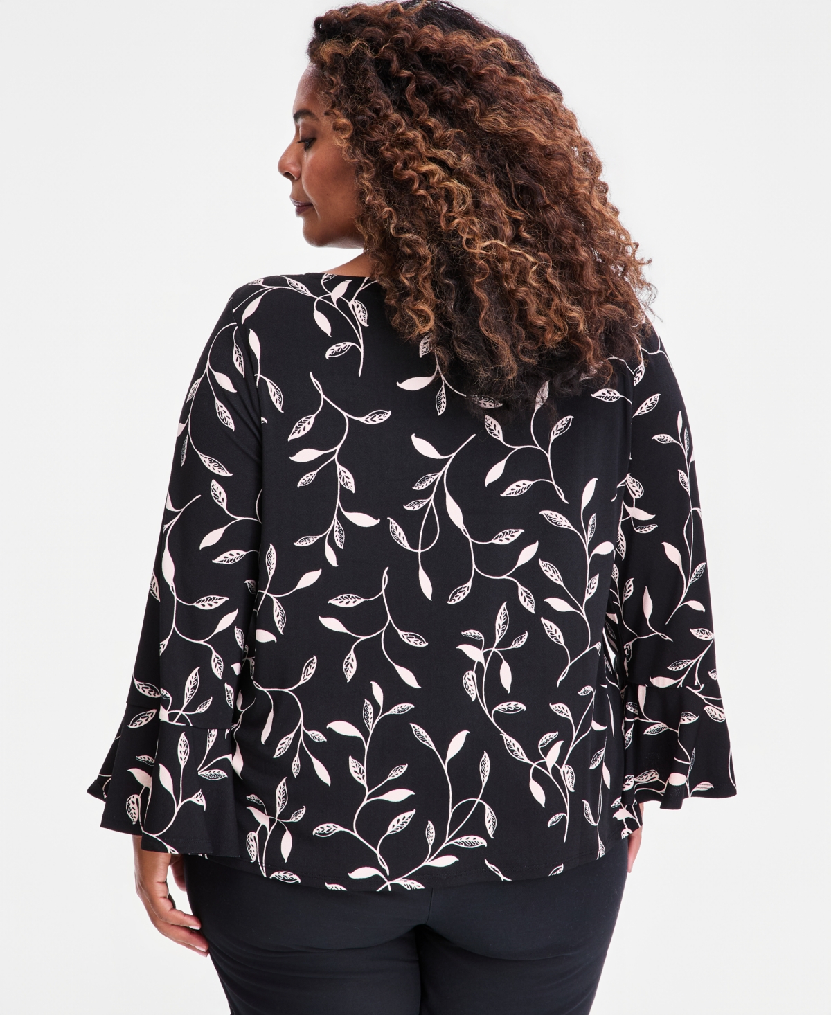 Jm Collection Plus Winding Leaves Flare Sleeve Boat Neck Top