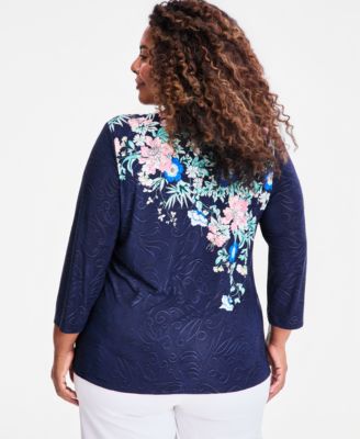 JM Collection Plus Size Printed Jacquard 3/4-Sleeve Top