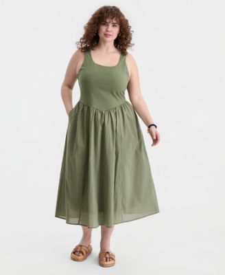 Trendy Plus Size V-Waist Mixed-Media Midi Dress