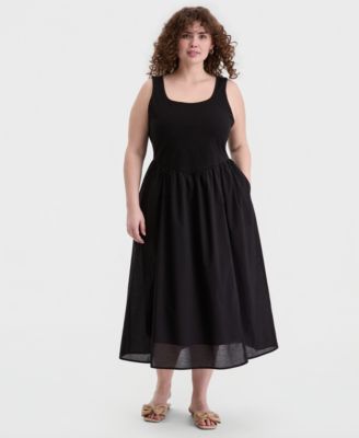 Trendy Plus Size V-Waist Mixed-Media Midi Dress