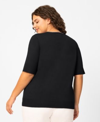 Plus Size Whip Stitch Elbow-Sleeve Knit Sweater
