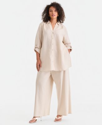 Plus Size Linen-Blend Tunic & Wide-Leg Pants