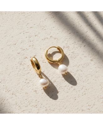 Gold Plated Freshwater Pearl Drop Hoop Earrings