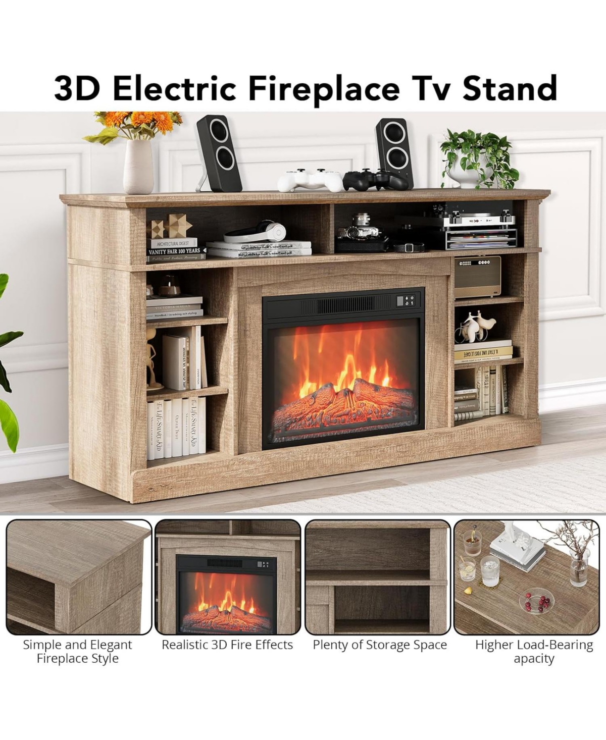 gaomon Electric Fireplace Tv Stand for Tvs Up to 58 in, Farmhouse 23 in Remote Control Fireplace Entertainment Center, Wood