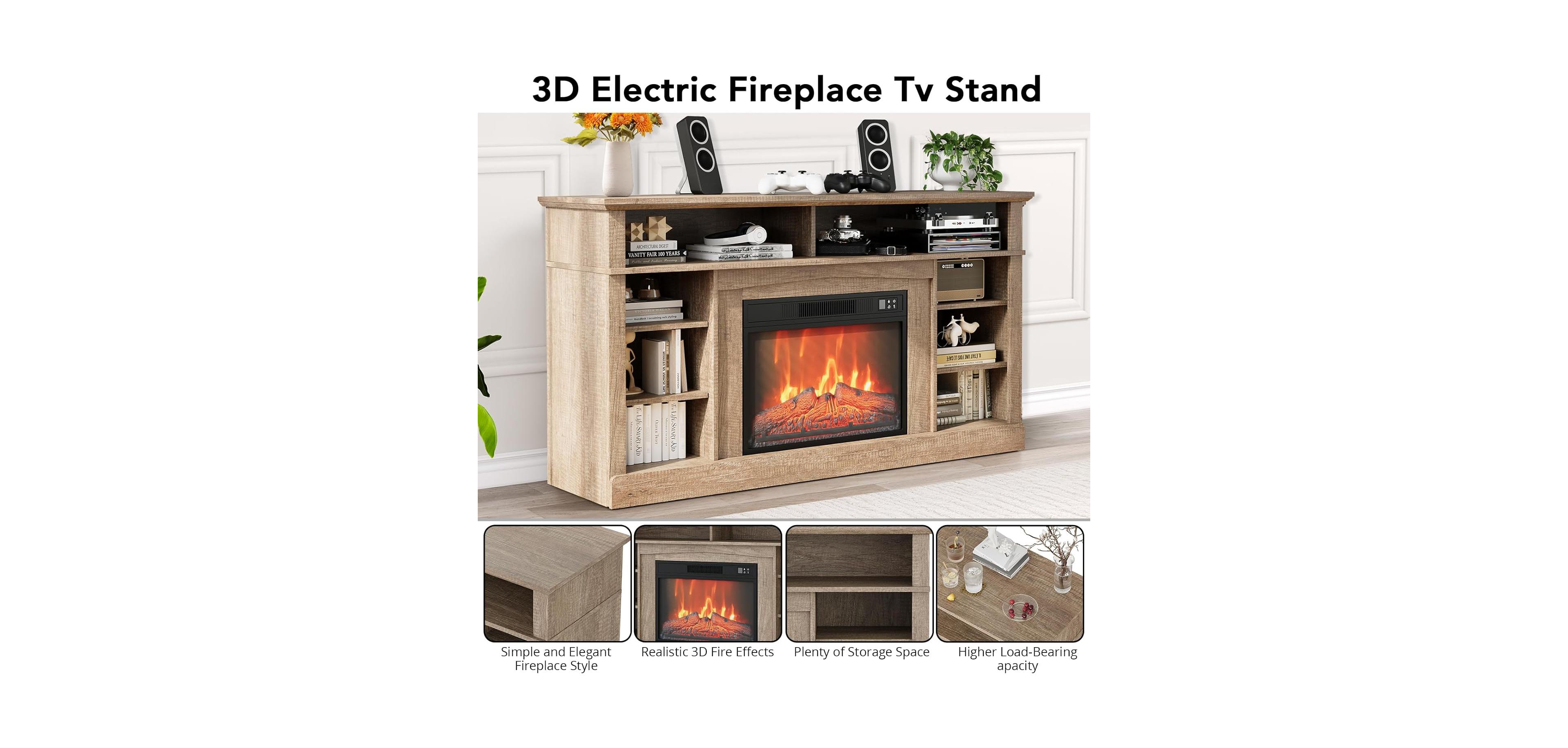 gaomon Electric Fireplace Tv Stand for Tvs Up to 58 in, Farmhouse 23 in Remote Control Fireplace Entertainment Center, Wood