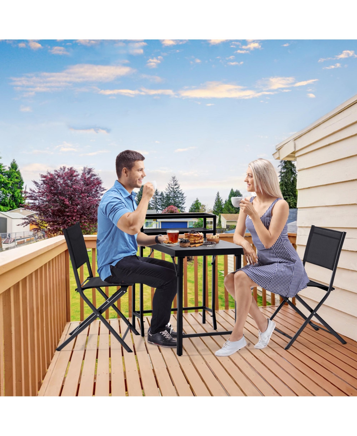 Flynama 3PCS Black Outdoor Patio Bistro Set Foldable Table and Sling Back Chairs Weather Resistant No Assembly Required