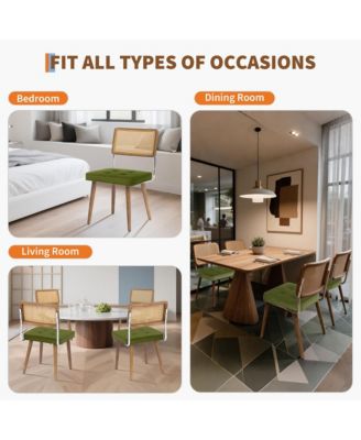 Set of 6 Natural Rattan Dining Chairs, Upholstered Seat & Solid Wood Legs, Modern Boho Kitchen Seating