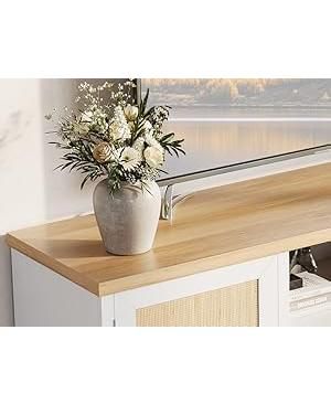 Rattan TV Stand for 65 in TV, Boho Entertainment Center with Cabinets & Open Shelves