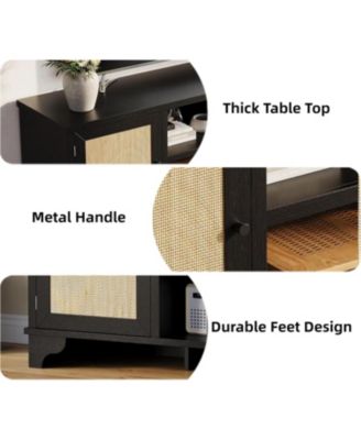 Rattan TV Stand for 65 in TV, Boho Entertainment Center with Cabinets & Open Shelves