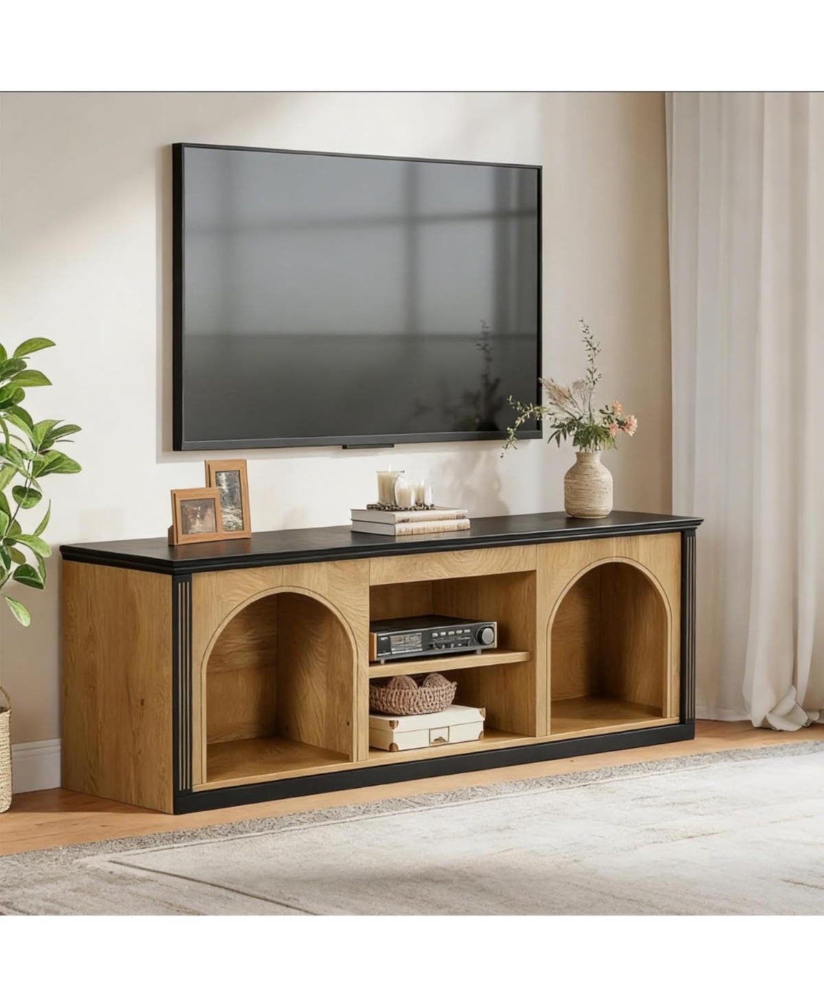 Tribesigns Tv Stand with Storage for 65 inch Tv, Entertainment Center with Arched Shelves, Color Matching, Media Display Console - Brown and black