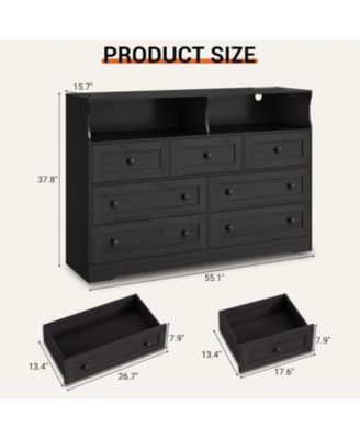 “7-Drawer Bedroom Dresser with LED Lights, Wooden Chest of Drawers with Charging Station and 2 Open Storage Compartments