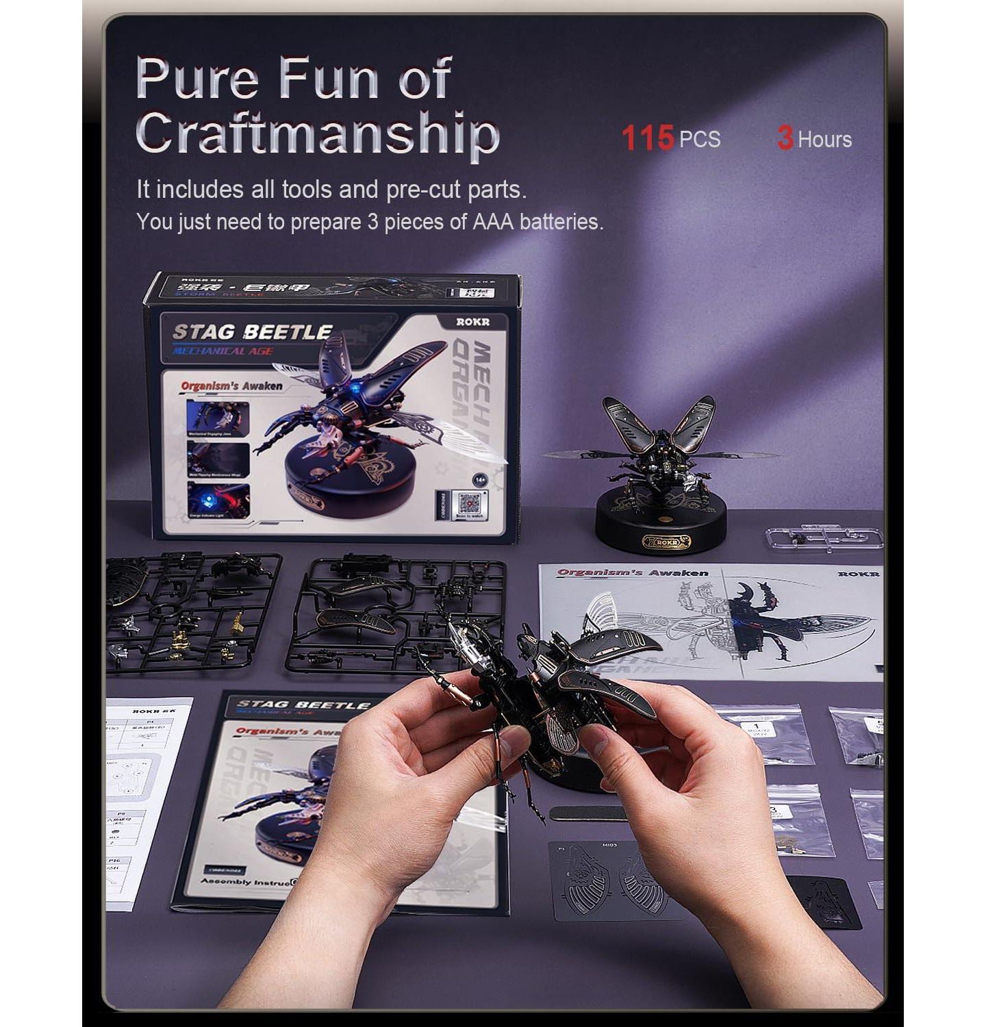 Детский конструктор Robotime Rhinoceros Beetle Mechanical Organism 156-Piece Building Set, Ages 14+, цвет: Синий — фото 4