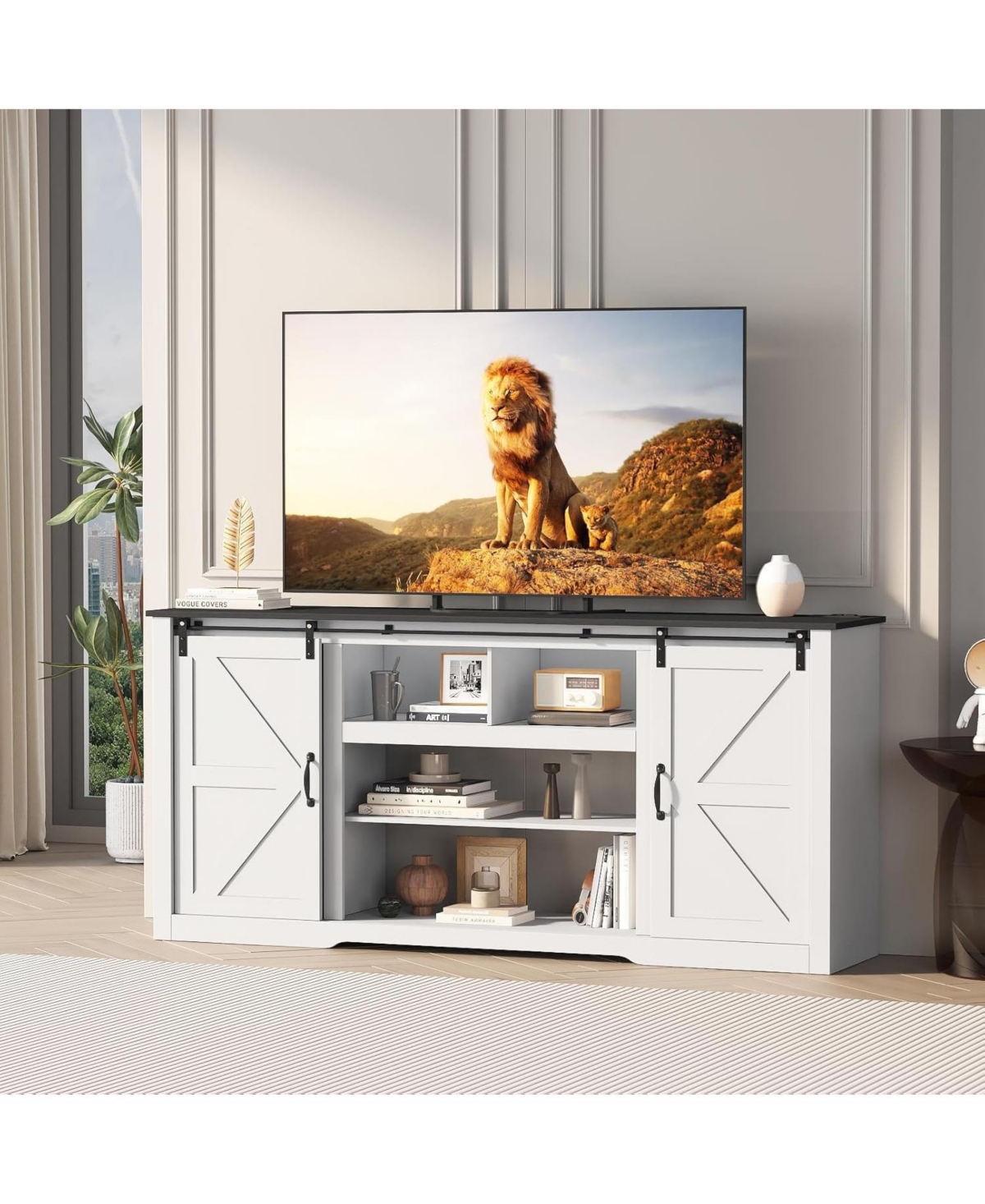 gaomon Farmhouse Tv Stand for Televisions Up to 80 in, Sliding Barn Doors and Storage Cabinets for Living Room - Black