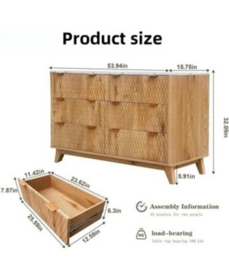 54" Wide Drip Pattern 6 Drawers Dresser with Faux Marble Top, Bedroom Chest of Dresser Wood, Curved Profile Design