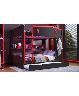  Queen Bunk Bed w/Trundle & Storage Shelves, Solid Wood, Black&Red