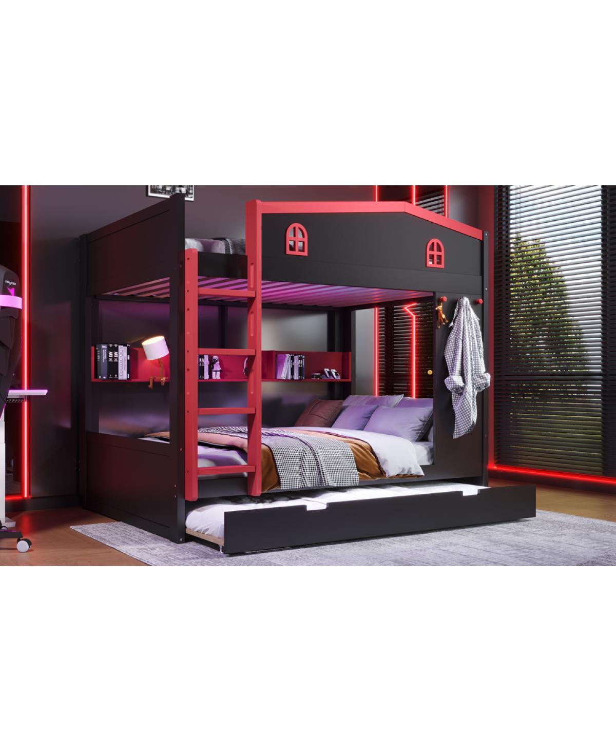 Streamdale Furniture Queen Bunk Bed w/Trundle & Storage Shelves, Solid Wood, Black&Red