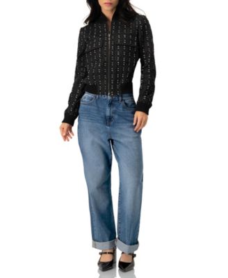 Textured Denim Bomber Jacket with Front Zip