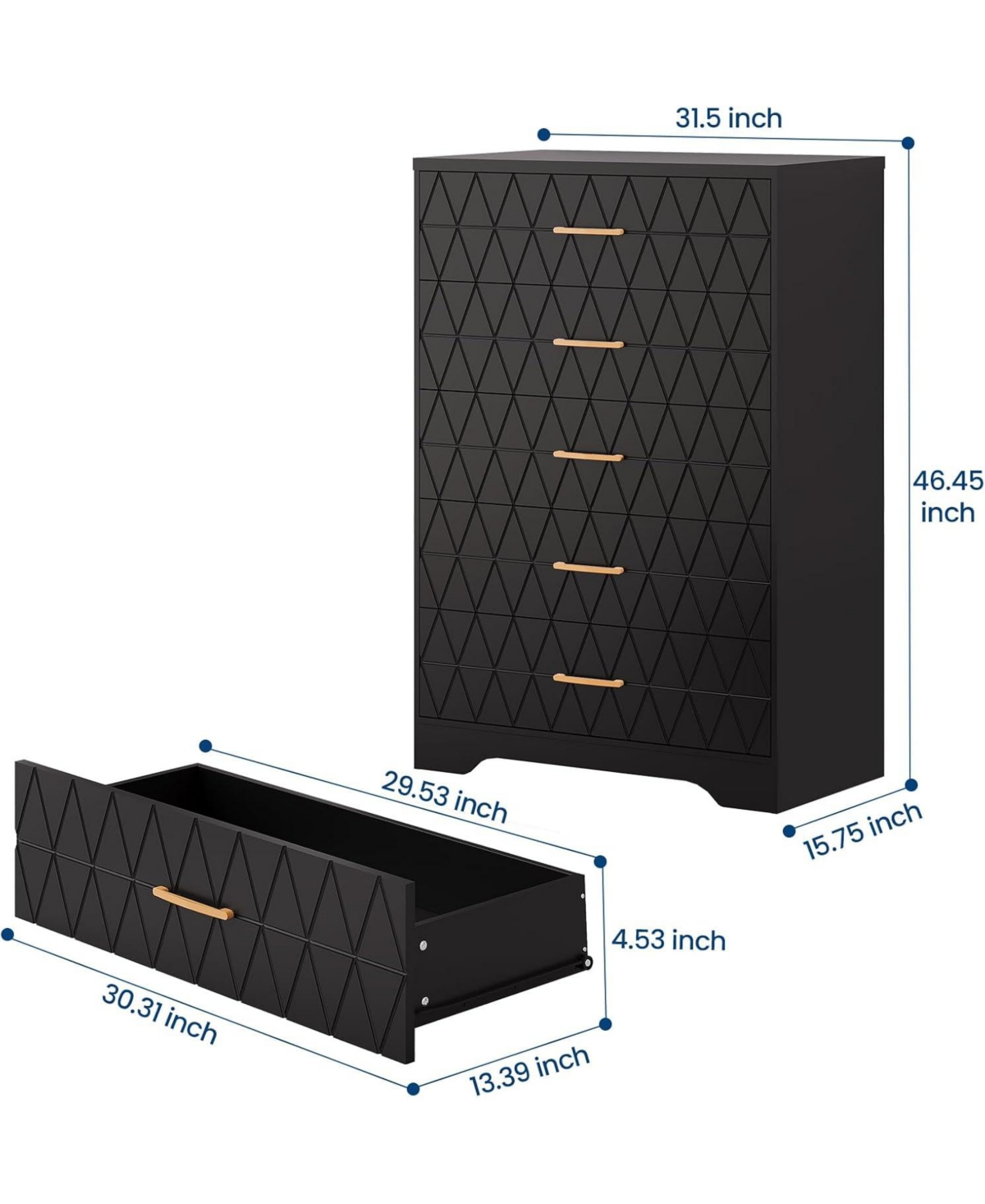 Gaomon 5 Drawer Tall Wood Dresser for Bedroom, Wooden Chest of Drawers with Gold Handles Closet, Modern Storage Cabinet
