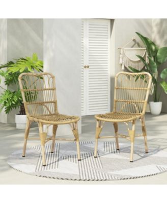 Set of 2 Natural Outdoor PE Wicker Patio Dining Chairs Hand Woven Iron Frame for Backyard Poolside Garden