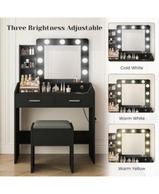 Black Modern Lighted Mirror Vanity, Chic Makeup Dressing Table for Bedroom Decor