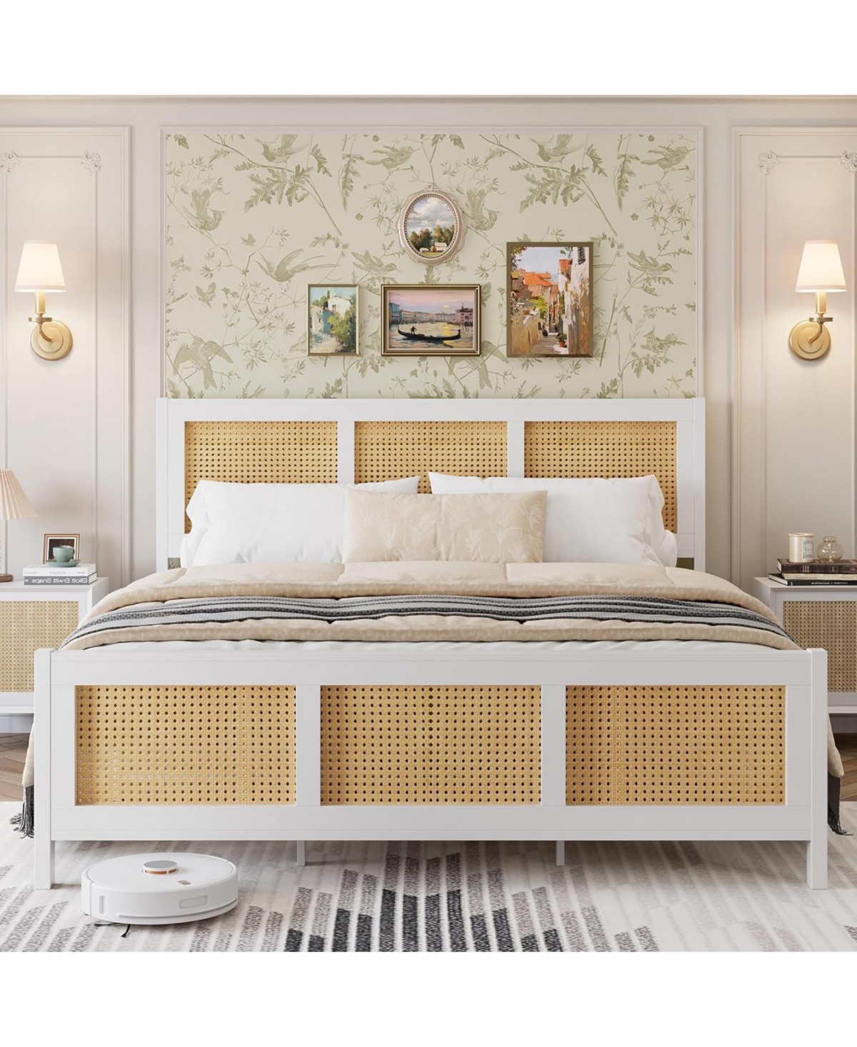 gaomon Rattan Bed Frame with Headboard, Boho Full Strong Metal Slats Support, No Box Spring Needed