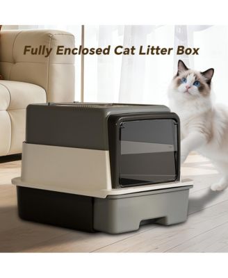 3-in-1 Modern Cat Litter Box with Hood, Tray & Mat, Grey