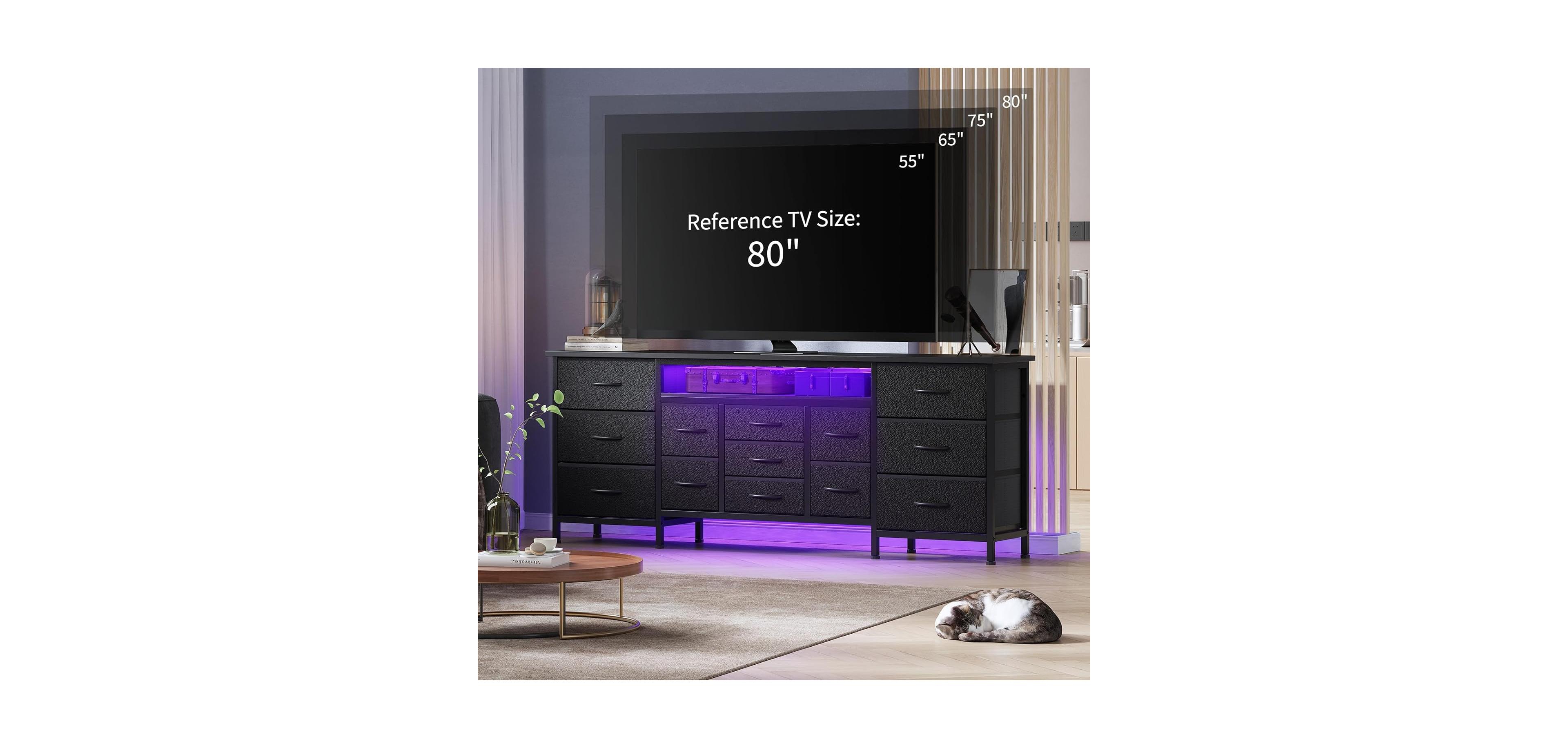 gaomon 70 Inch Long Dresser with 13 Drawers, Tv Stand for 65-80 Charging Station Led Lights, Fabric Storage Organizer Bedroom
