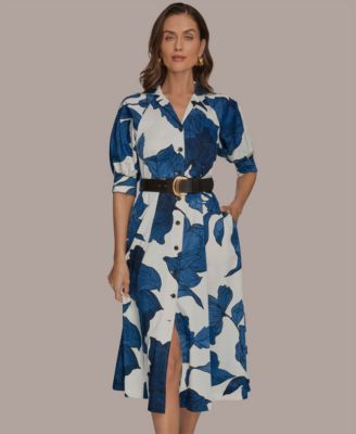Women's Floral Belted A-Line Shirt Dress