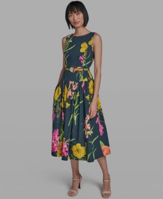 Women's Boat-Neck Belted Sleeveless Dress