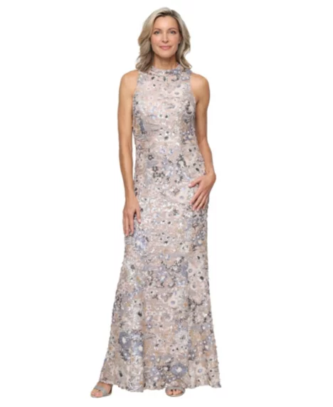 Petite High Neck Gown - Taupe Multi