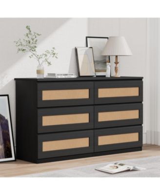 6 Drawer Double Dresser for Bedroom, Rattan Dresser for Bedroom with Smooth Mental Slide, Modern Wood Chest for Bedroom, Living Room, Hallway,