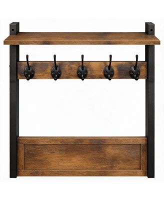Rustic Brown & Black Iron Wall Hooks Shelf, 5 Hooks, Sturdy Storage, Easy Assembly