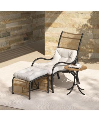 3 Piece Black Natural Beige Wicker Outdoor Patio Furniture Set with Lounge Chair Side Table Ottoman and Cushions for Garden Deck Porch