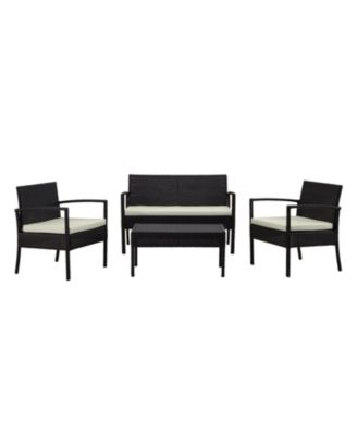 4 Piece Black and Cream Outdoor Conversation Patio Set with 2 Armchairs 1 Loveseat and Tempered Glass Coffee Table for Backyard Porch Garden