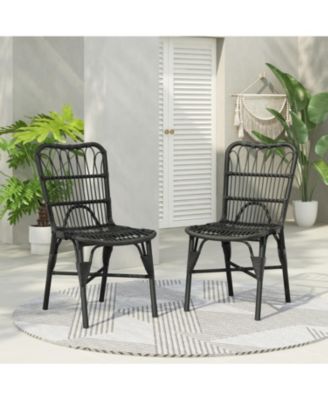 Set of 2 Grey Outdoor PE Wicker Patio Dining Chairs Rust Resistant Iron Frame 400lbs Capacity for Backyard Poolside Garden
