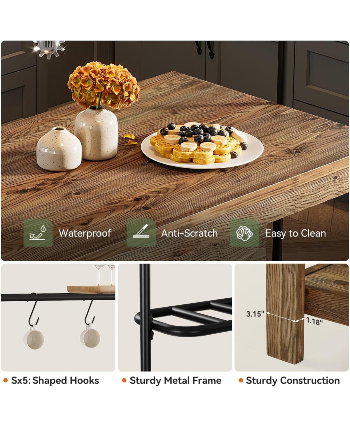 Tribesigns Solid Wood Kitchen Island with Storage, 47-Inch Farmhouse Stationary Island Table with Countertop and 5 Hooks, Wooden Coffee Bar Table