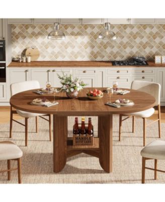 59-Inch Round Dining Table for 4-6, Modern Oval Kitchen Table with Storage Shelf for Dining Room, Living Room, Walnut
